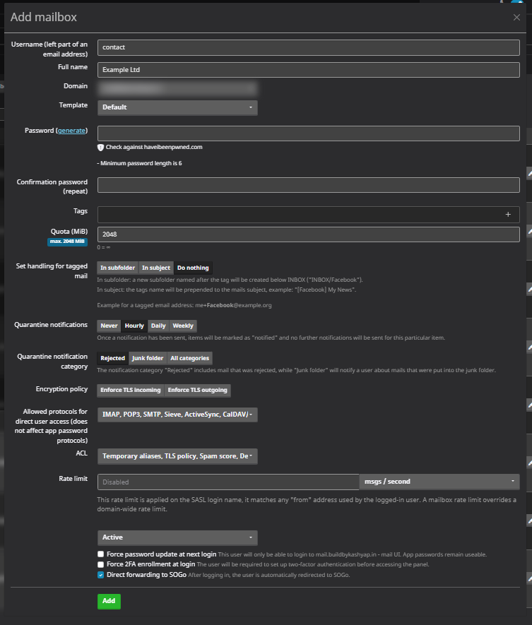 mailcow Add mailbox form showing username, full name, quota, encryption policy, allowed protocols, and the force-password-update, 2FA and SOGo forwarding checkboxes