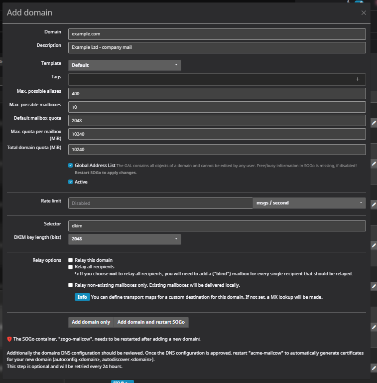 mailcow Add domain form with domain, description, alias and mailbox limits, quota fields, DKIM selector and relay options