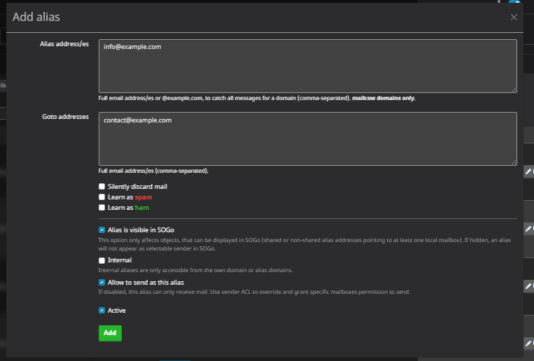 mailcow Add alias form showing alias address, goto address, discard and spam-learning options, SOGo visibility, internal, and send-as permission