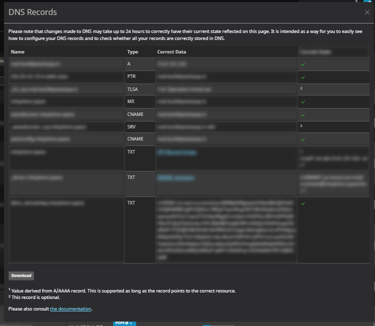 mailcow DNS Records page listing A, PTR, TLSA, MX, CNAME, SRV and TXT records, each with a green verification tick